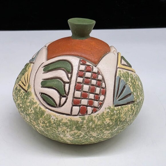 Handmade Ceramic Lidded Jar Abstract Multicolor Patterns & Textures Carved Desig - Picture 1 of 8